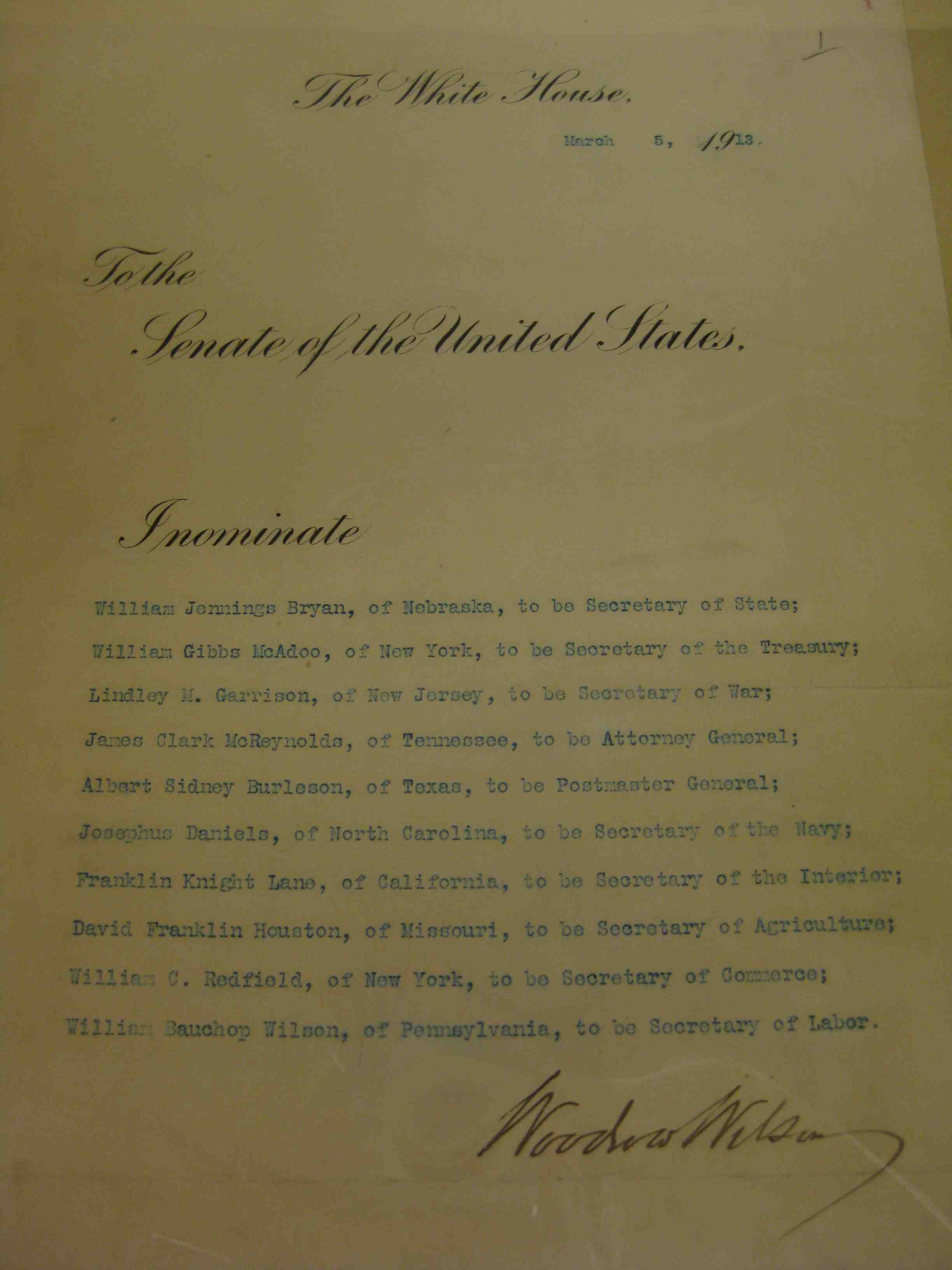 Woodrow Wilson Nominates His Cabinet 1913 Rice On History